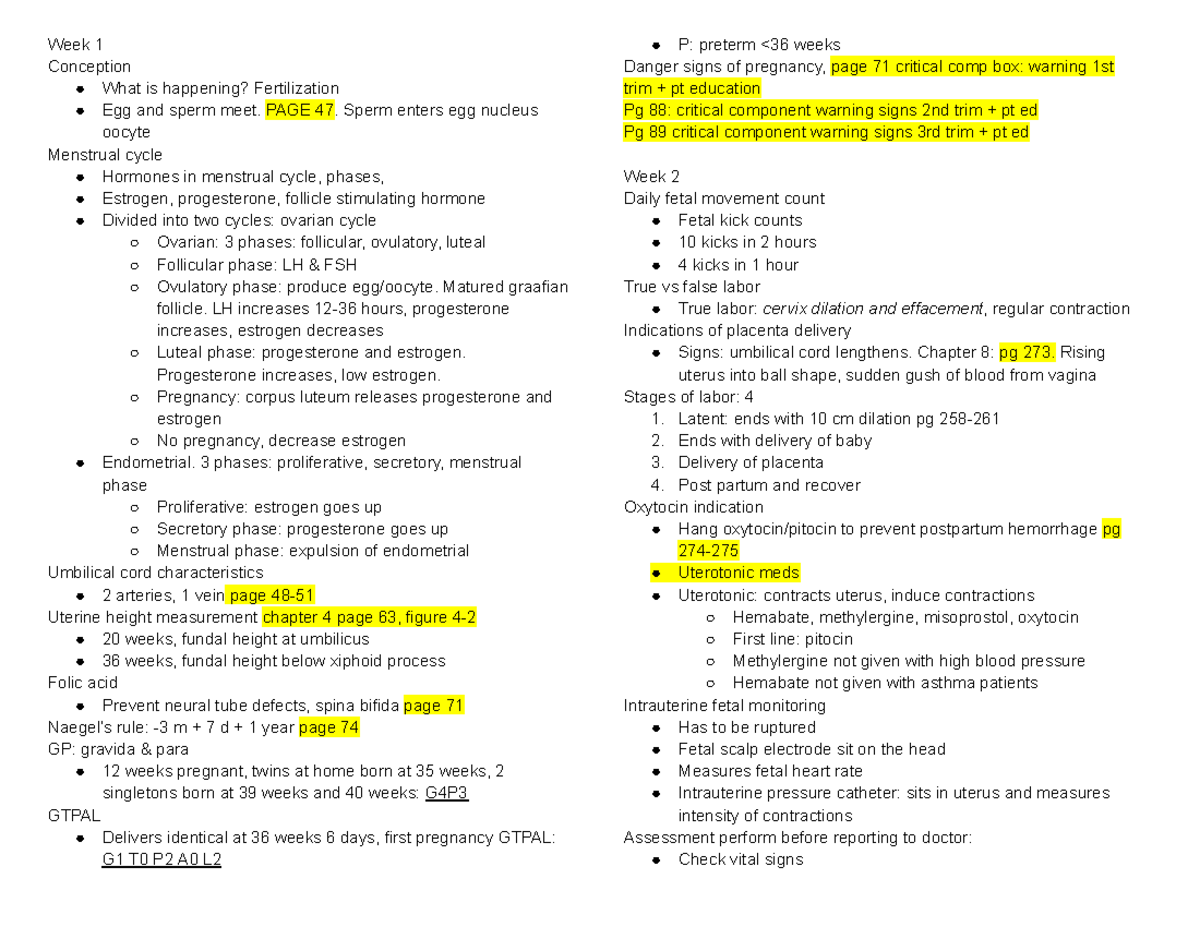N306 FINAL STUDY GUIDE - Week 1 Conception What is happening ...