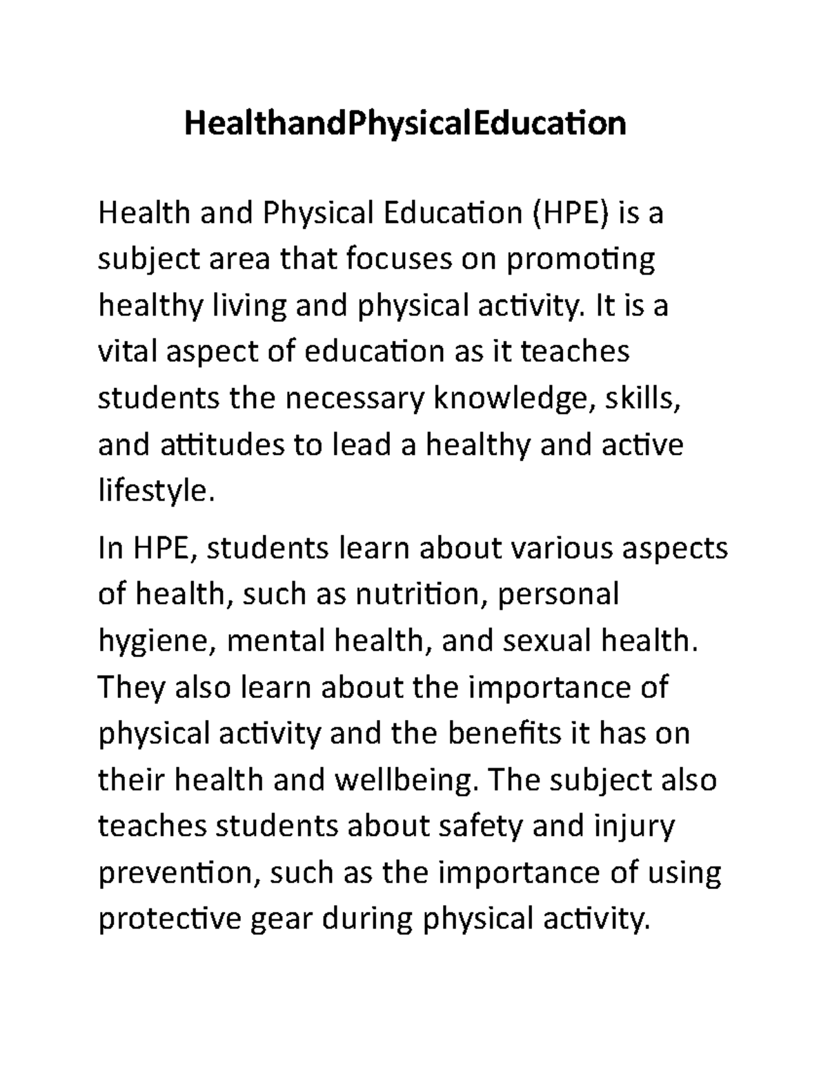 HPE 101 - Comprehensive Health and Physical Education Notes - Studocu