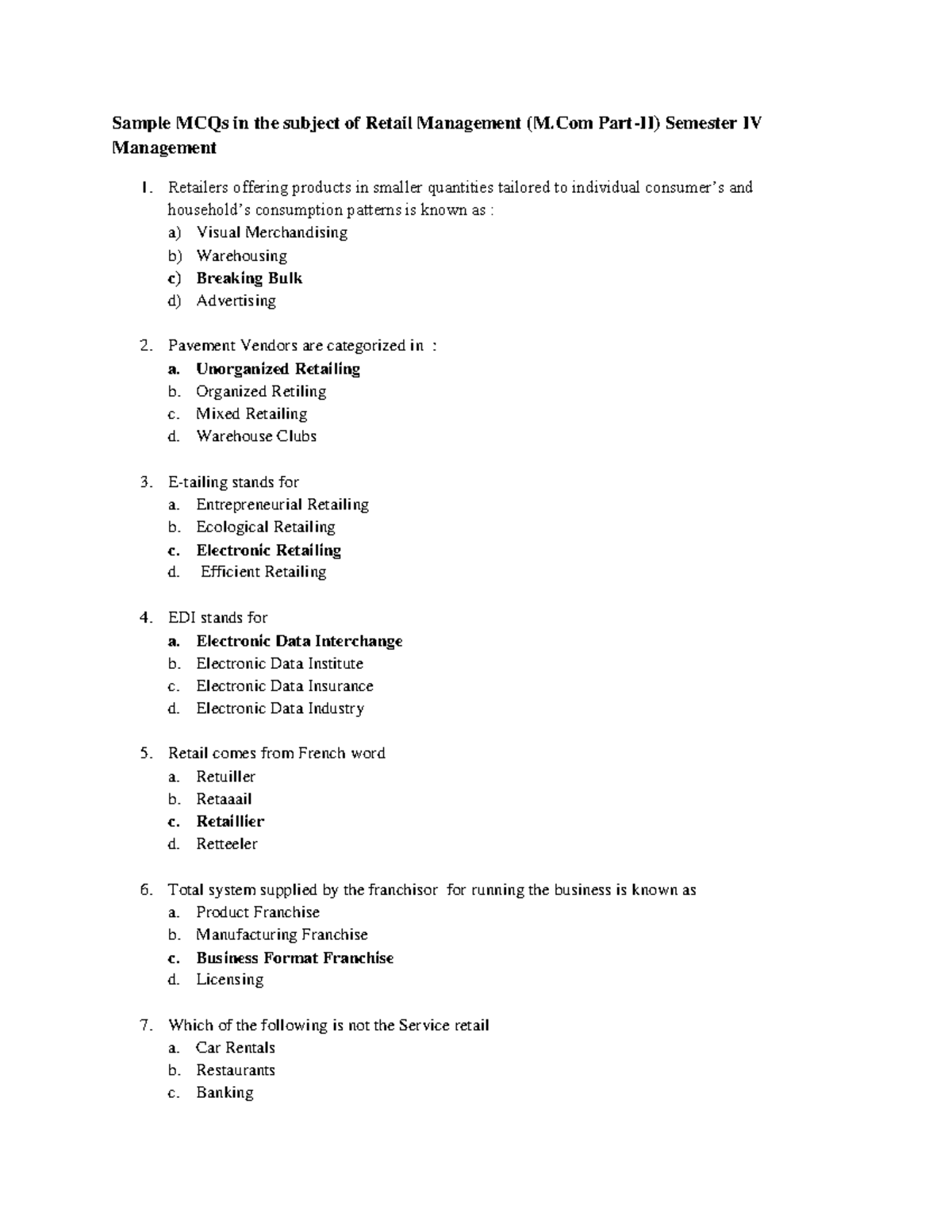 Mcom II mgmt Retail management Practice questions - Sample MCQs in the ...