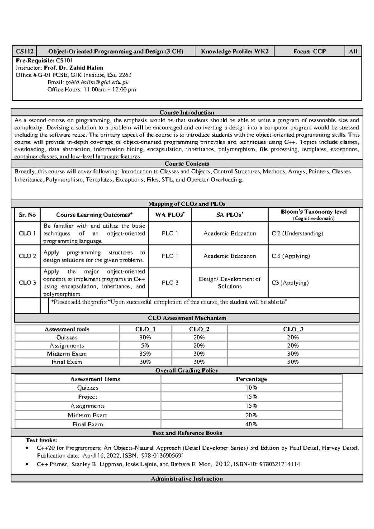 CS112 Programming and Design (3 CH) Course Outline and Overview - Studocu