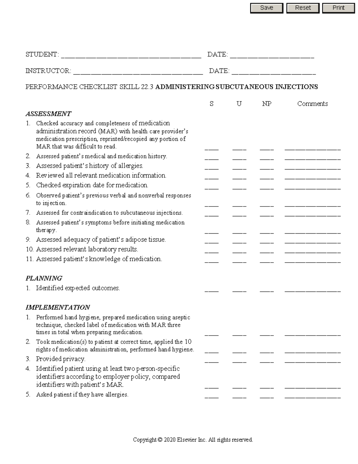 SKL 22.3: Administering Subcutaneous Injections - Performance Checklist ...