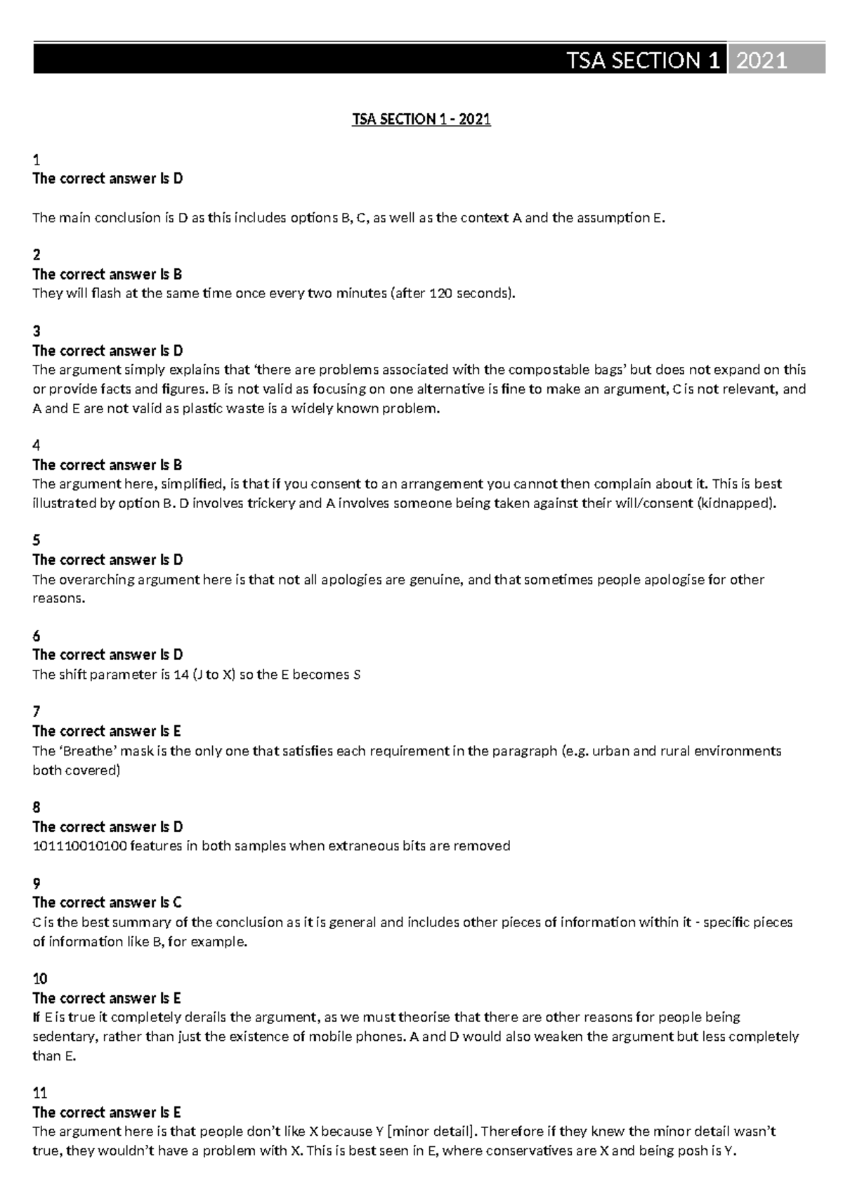 TSA 2021 Exam Solutions: Multiple Choice Answers Explained - Studocu