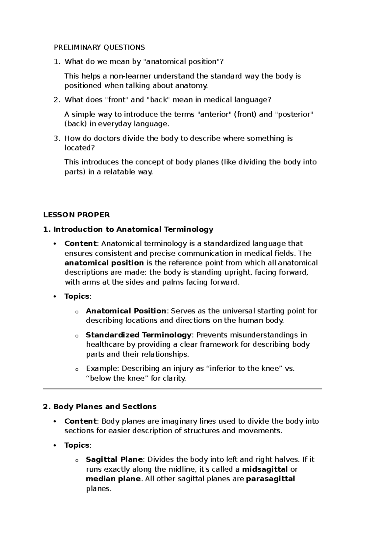 Anatomical Terminology and Body Planes - Pathfit 1 Module 5 - Studocu