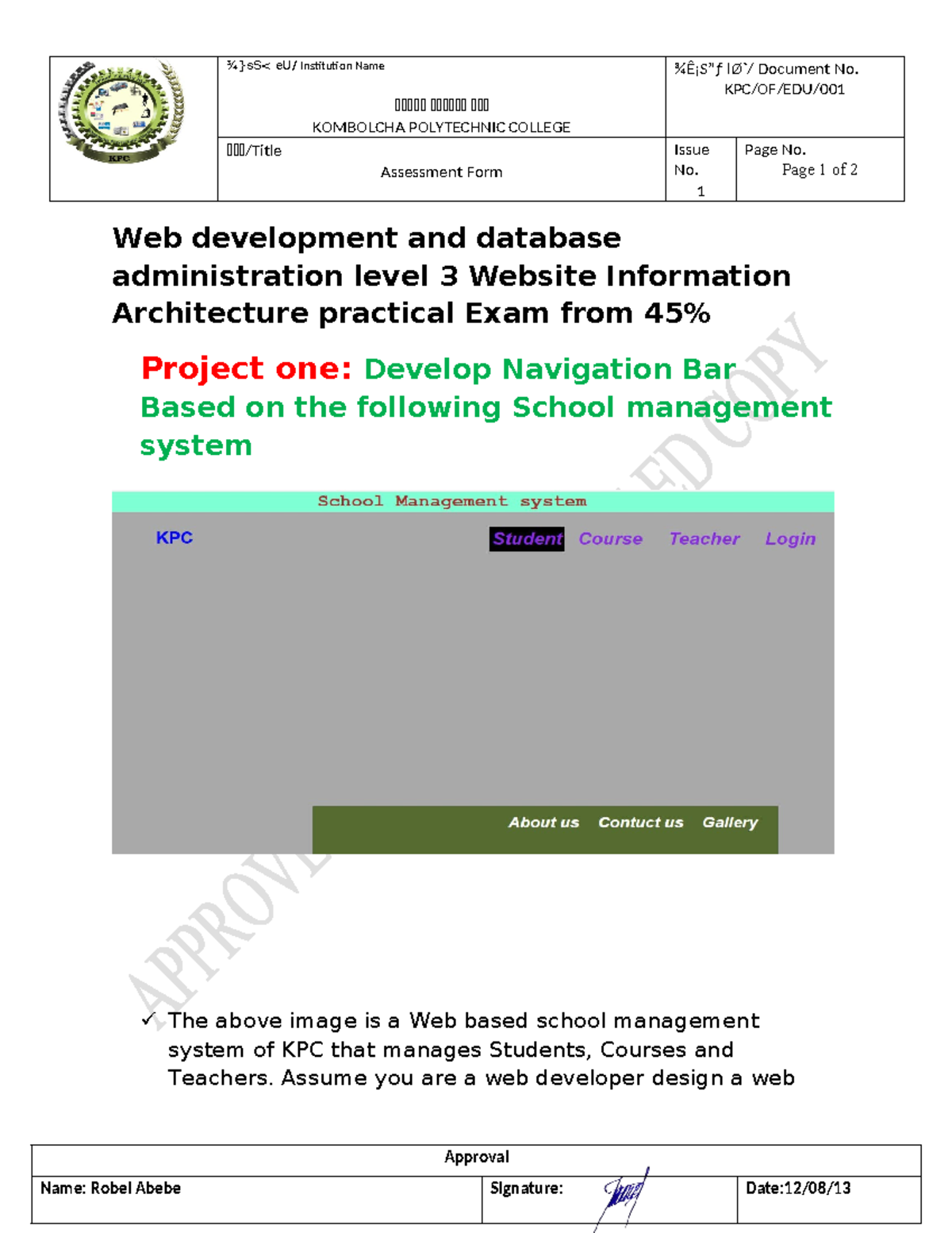 KPC Level 3 Practical Exam: Web Dev & Database Assessment Form - Studocu