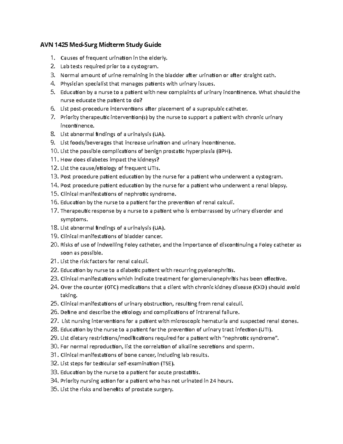 AVN 1425 Med-Surg Midterm Review: Key Concepts & Nursing Interventions ...