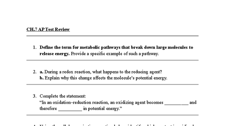 Ch. 7 AP TR - Cellular Respiration & Metabolic Pathways Review - Studocu