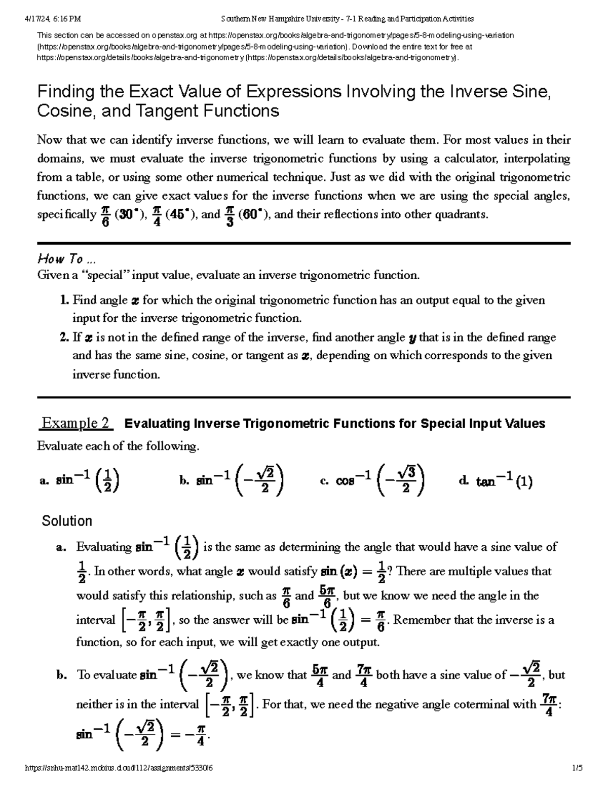 Finding Exact Values of Inverse Sine, Cosine, & Tangent Functions - Studocu
