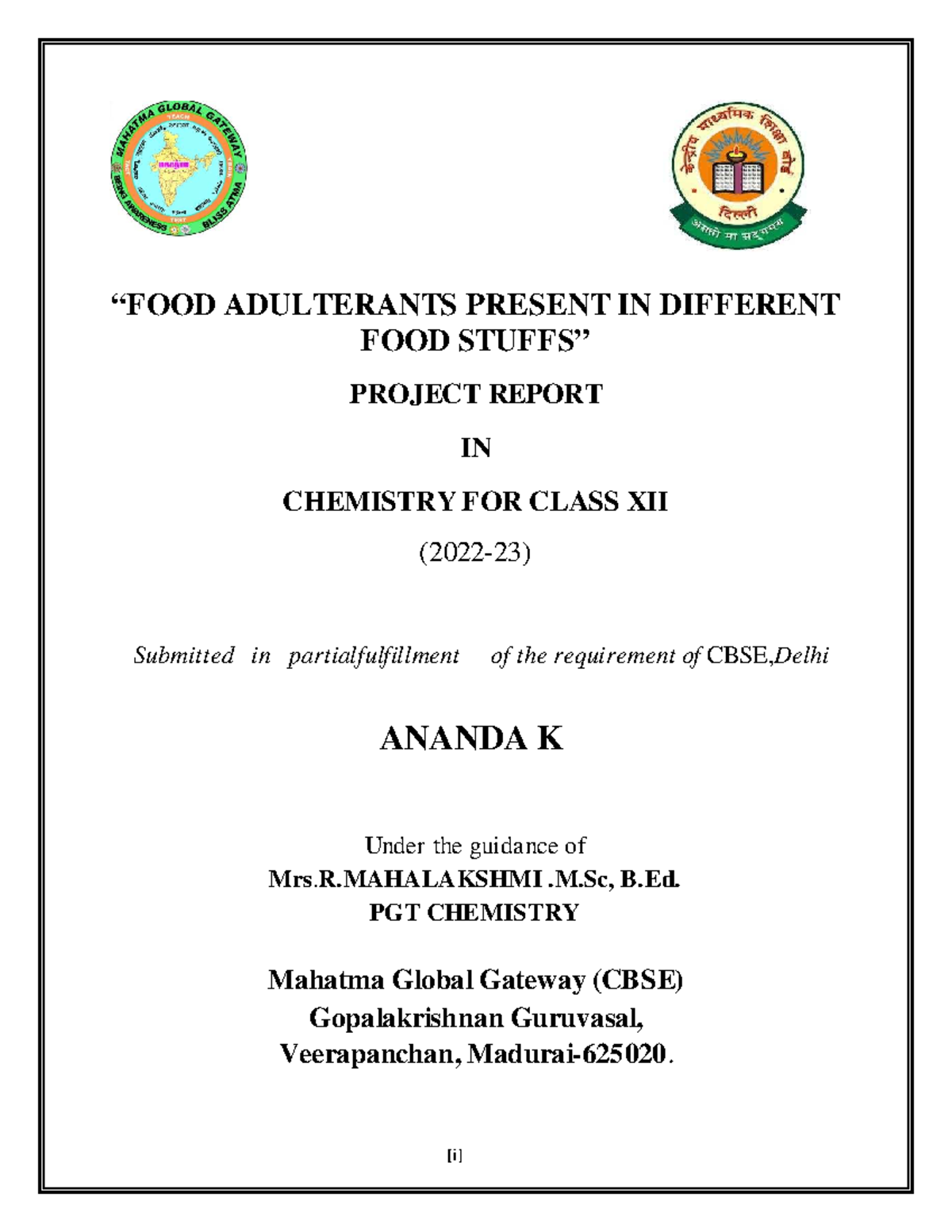 Project Report on Food Adulterants in Chemistry (Class XII) - Studocu