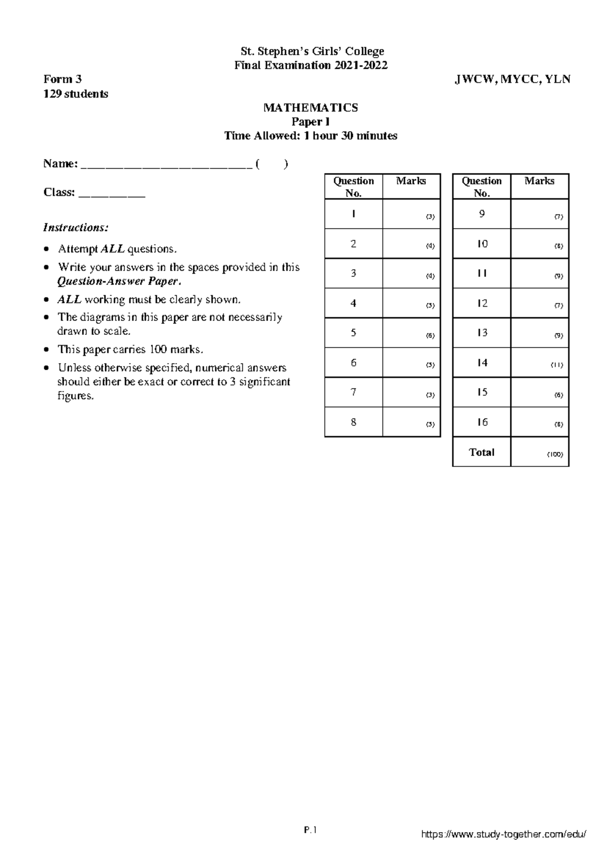 St. Stephen's Girls' College F3 Math P1 2021-22 Final Exam Paper - Studocu