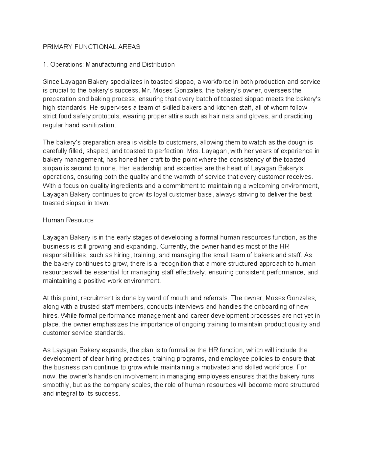 PRIMARY FUNCTIONAL AREAS OF LAYAGAN BAKERY: OPERATIONS & HR STRATEGIES ...