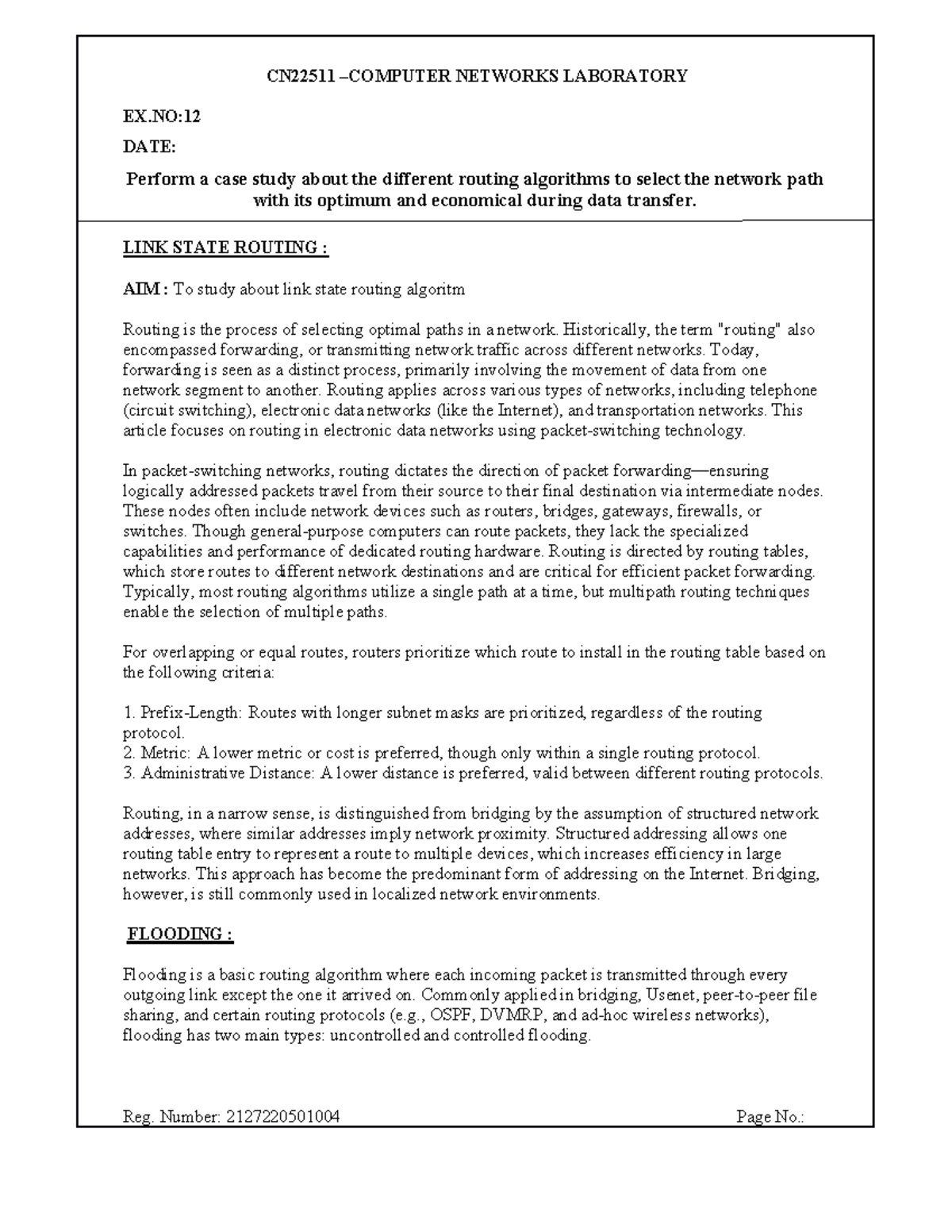 CN22511 NETWORKS LAB: Case Study on Routing Algorithms for Data ...