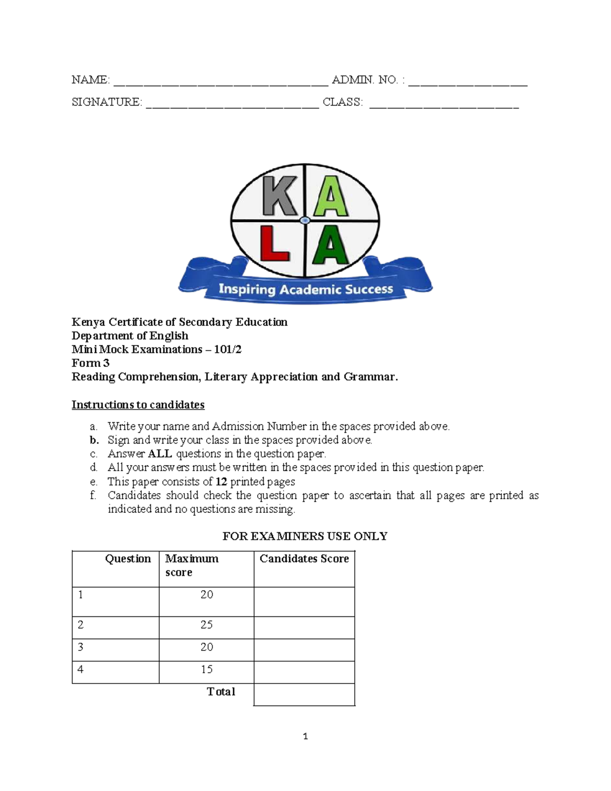 KALA FORM 3 Final Exam: English Mini Mock on Comprehension & Grammar ...