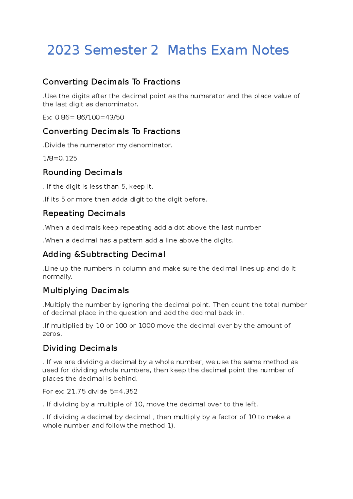 Sem 2 Maths Exam Notes: Converting Decimals & Measurement 2023 - Studocu