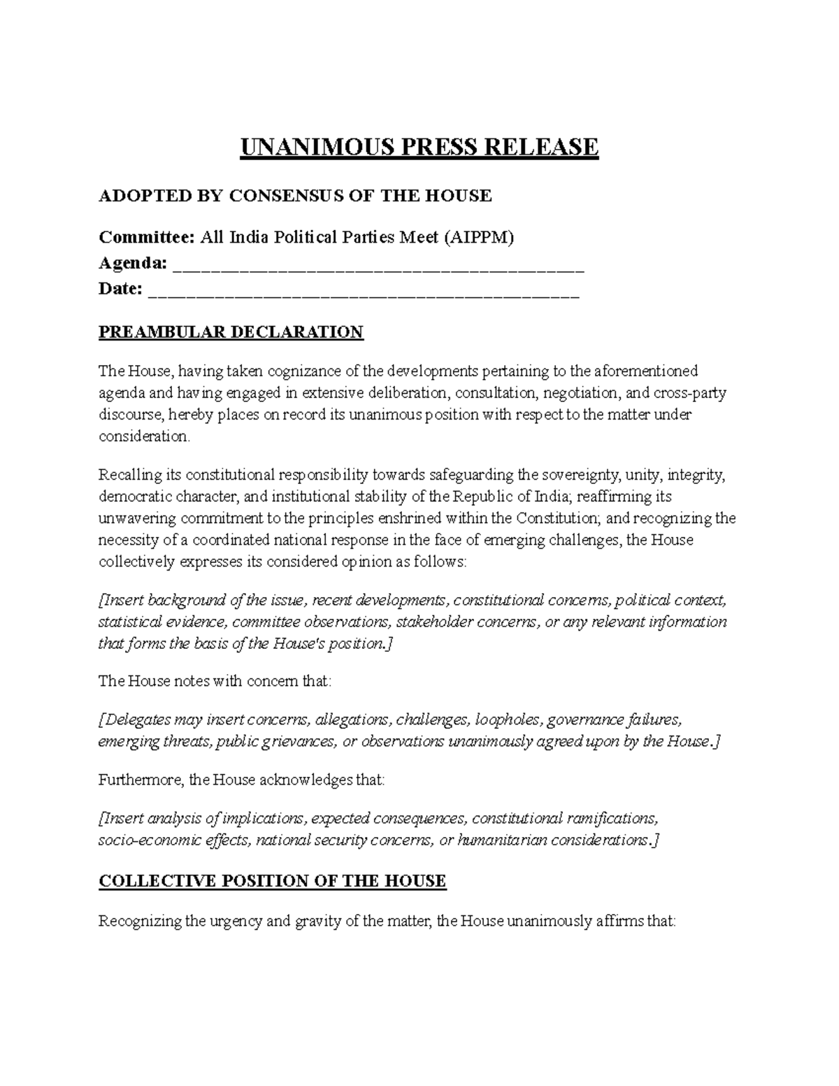 AIPPM Press Release: Unanimous Consensus of the House - Studocu