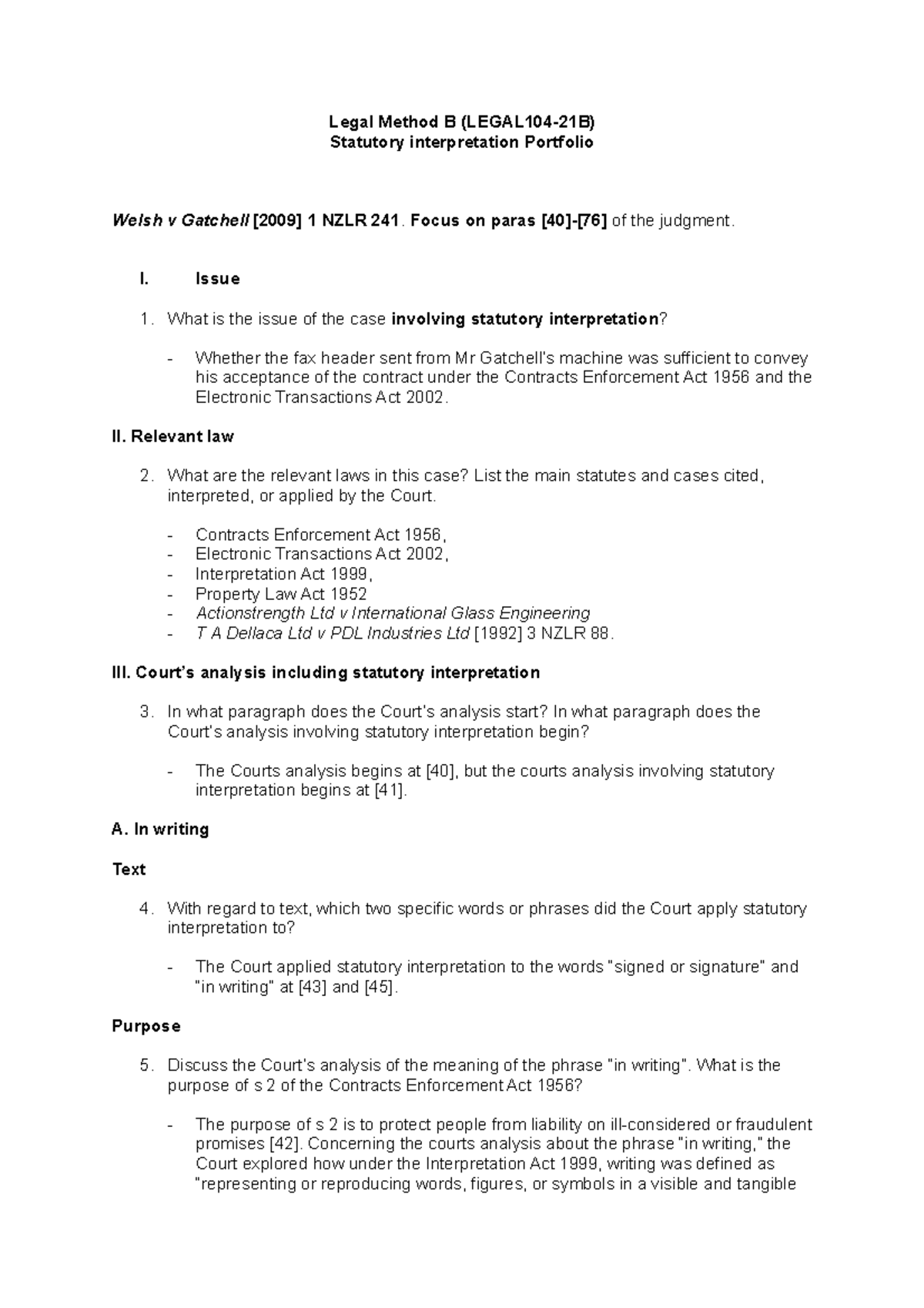 Statutory interpretation - Portfolio 3 - Legal Method- Legal Writing ...