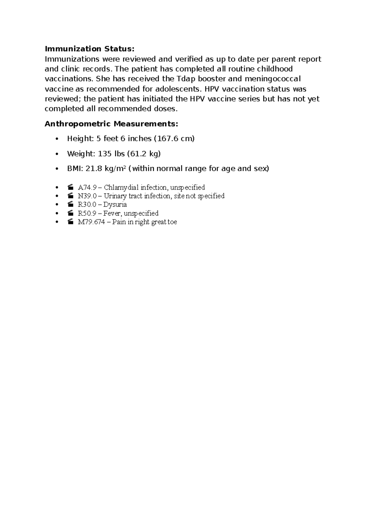 Immunization Status Review & Patient Health Summary A74.9 - Studocu