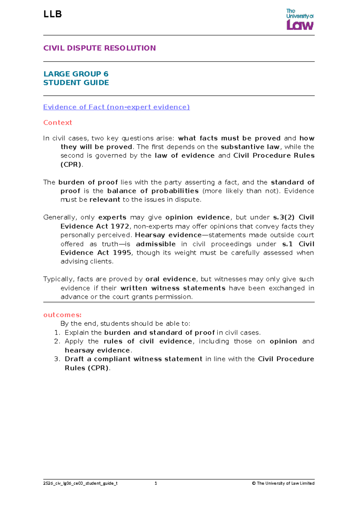 LLB 2526 Civil Dispute Resolution Unit 6 Student Guide: Evidence of ...