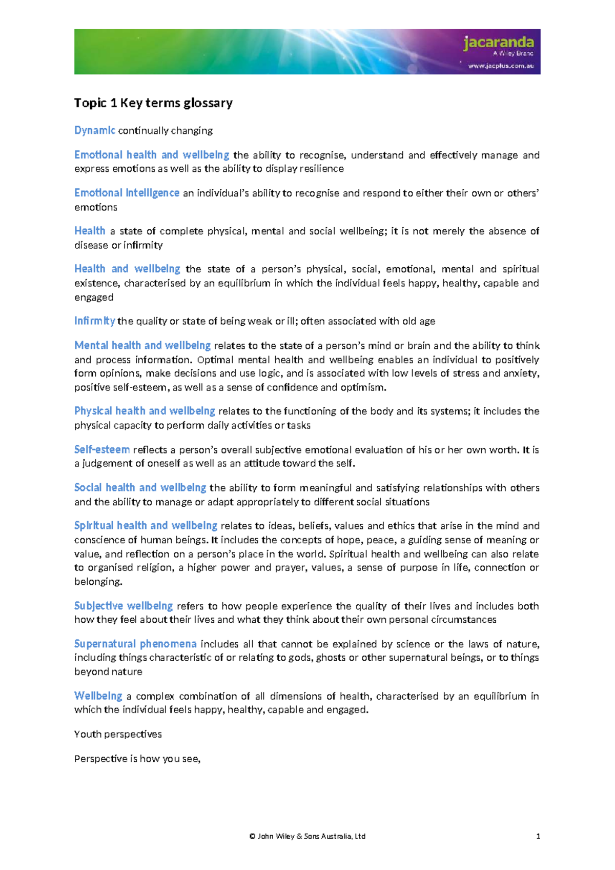 Chapter 1 Key Terms Glossary: Emotional Health & Wellbeing - Studocu