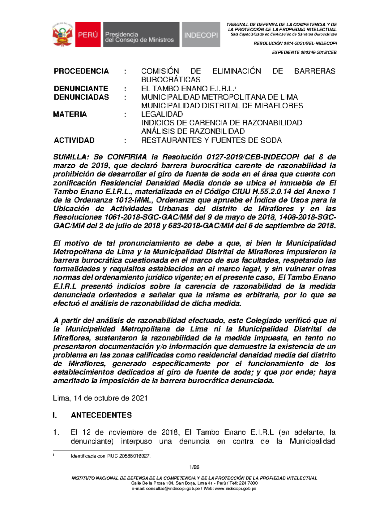 Resolución sobre Barrera Burocrática en el Caso El Tambo Enano E.I.R.L. - Exp. - Document Preview