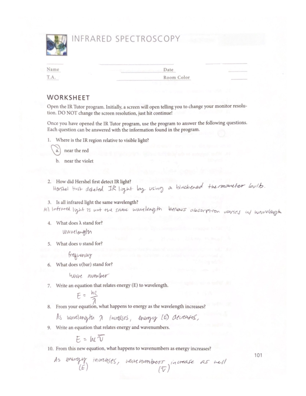 Infrared Spectroscopy Worksheet for Course Code: IR 101 - Studocu
