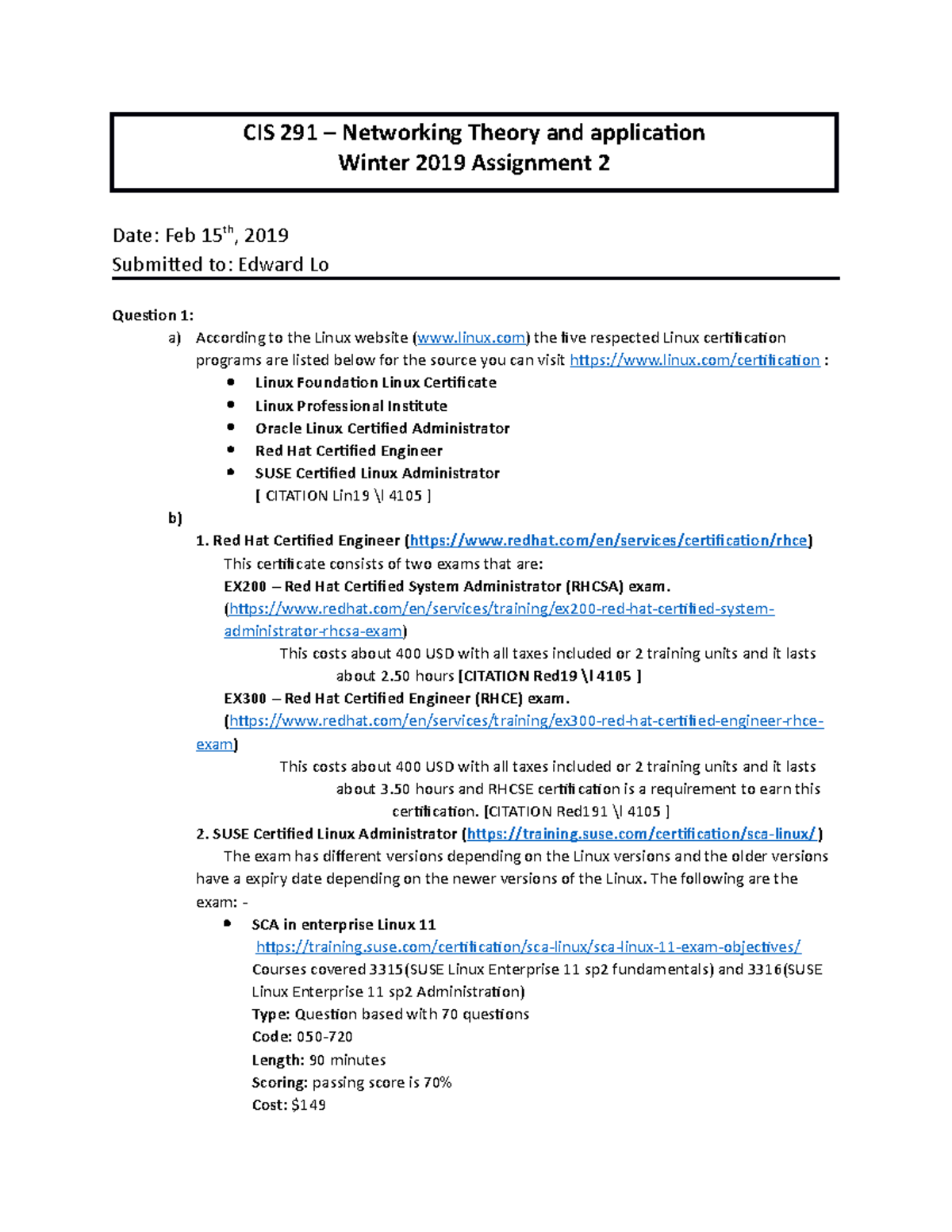 291 Assignment 2 - CIS 291 – Networking Theory and application Winter ...
