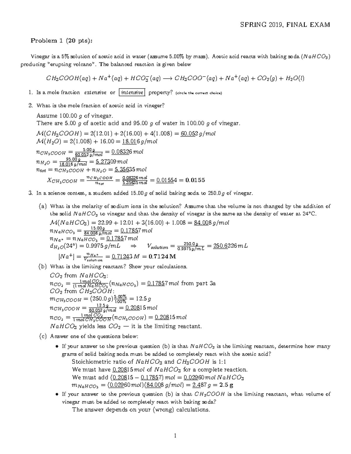 CHEM 101, SPRING 2019 FINAL EXAM Key and Solutions - Studocu