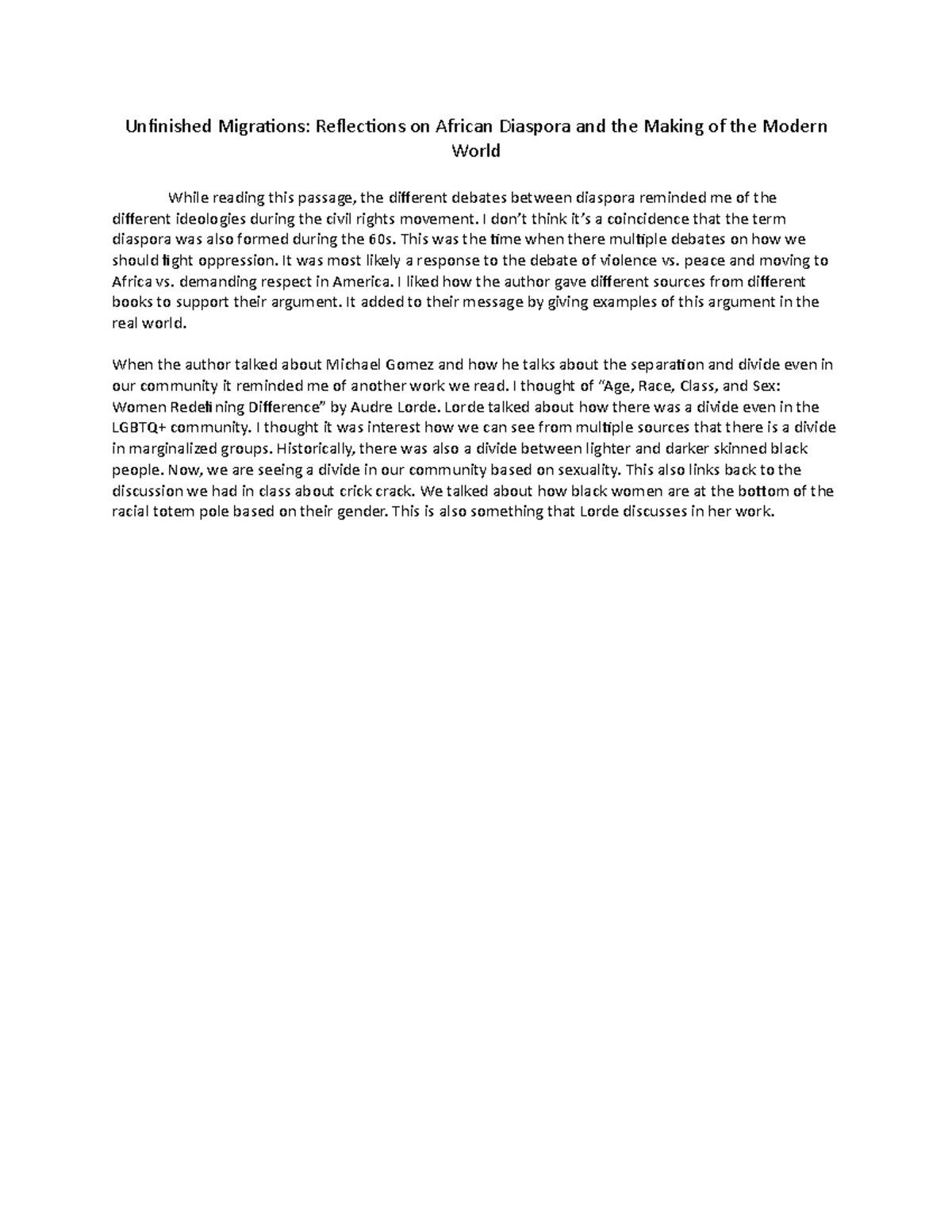 African Diaspora Reflections: A Reading Log on Migration Themes - Studocu