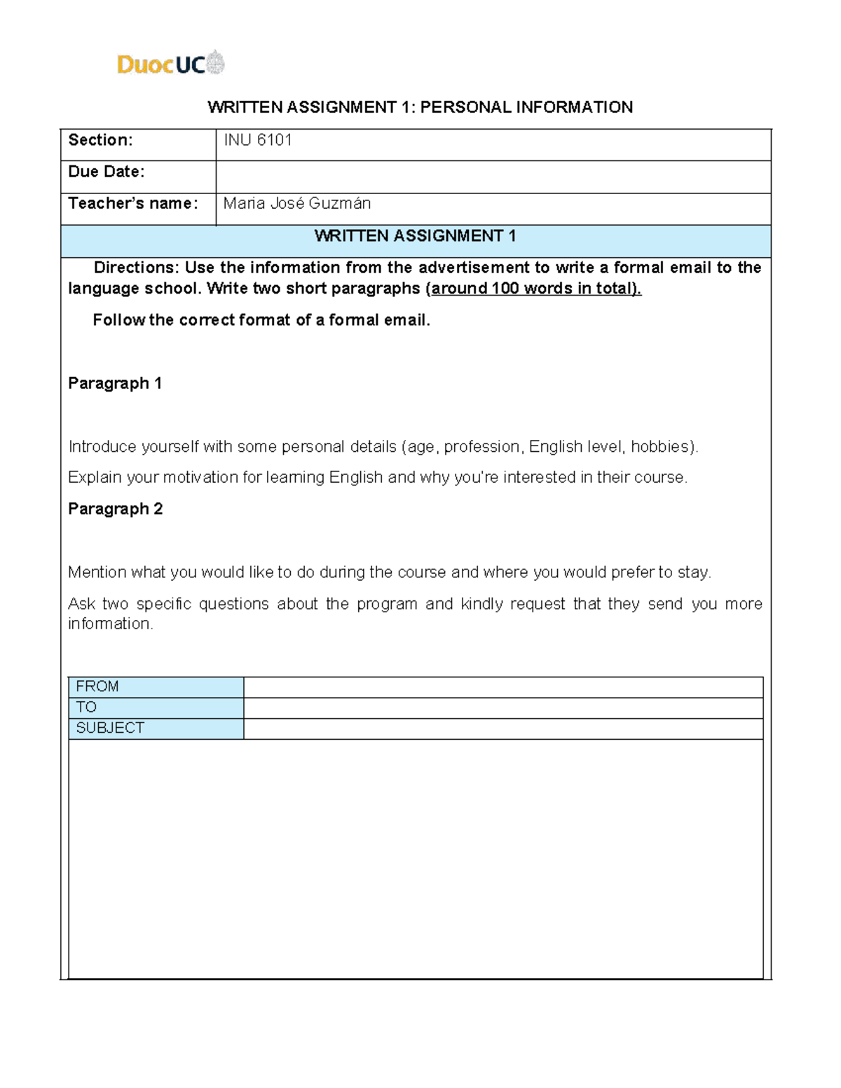 Formal Email Assignment: INU 6101 - Personal Info & Course Inquiry ...