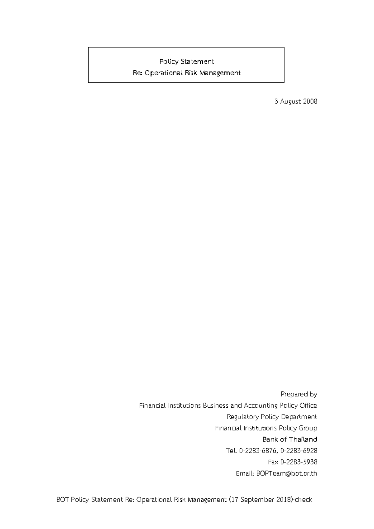BOT Policy Statement on Operational Risk Management (25510385) - Studocu