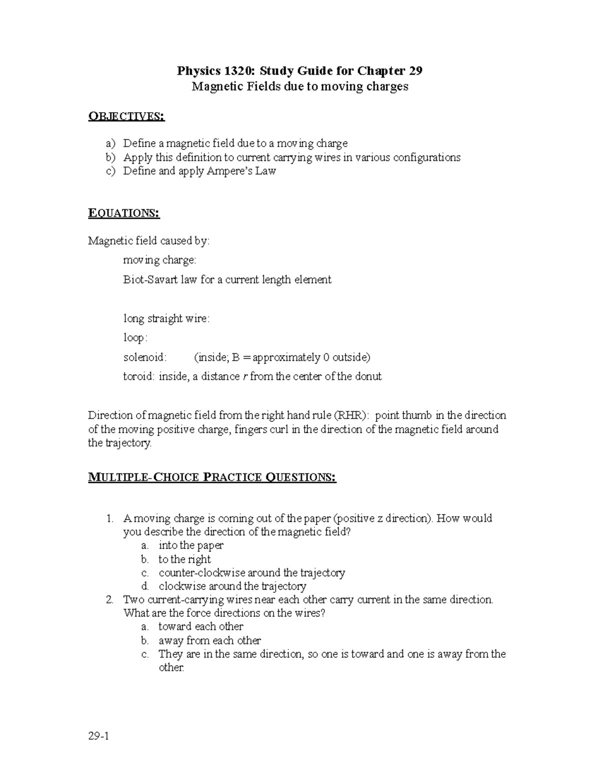 Physics 1320: Study Guide for Magnetic Forces in Chapter 29 - Studocu