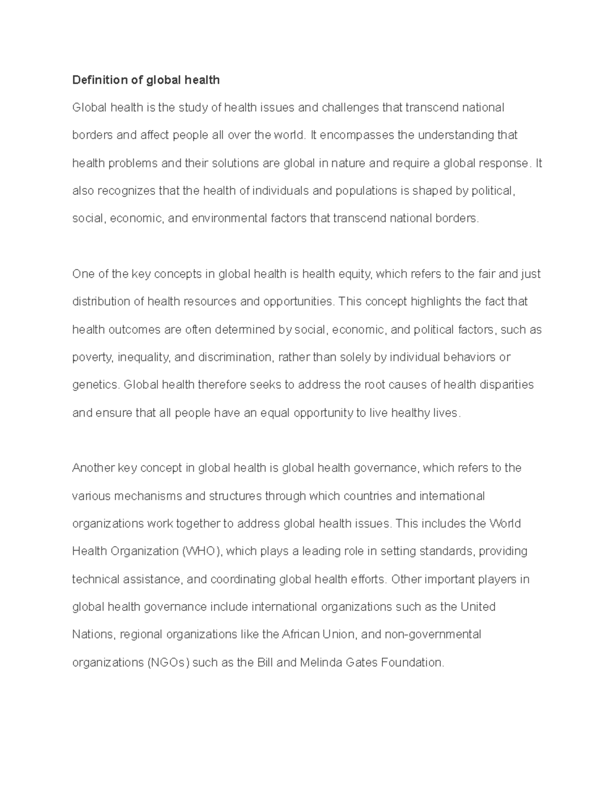 Global Health Course Outline: Key Concepts & Challenges - Studocu