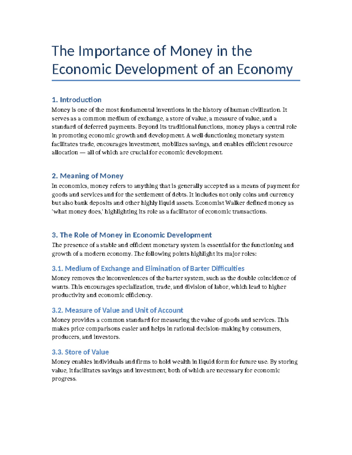 The Role of Money in Economic Development (ECO 101) - Studocu