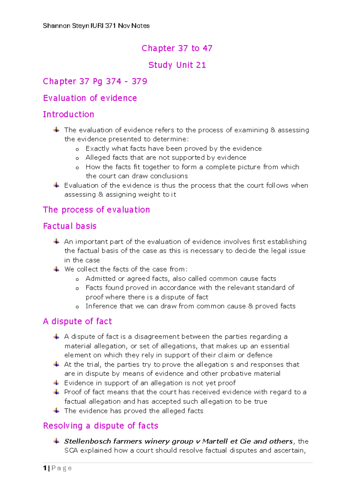 IURI 371 Nov Notes: Evaluation of Evidence (Chapters 37-47) - Studocu