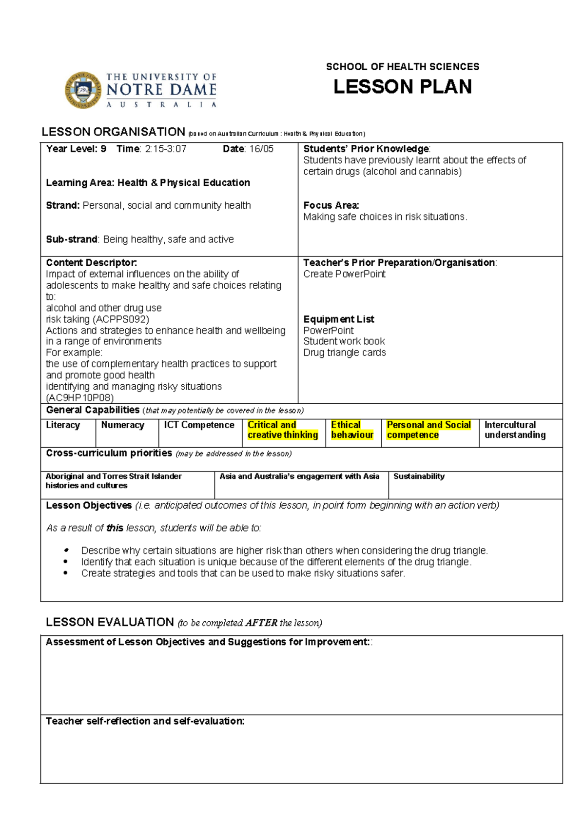 Health Lesson Plan - SCHOOL OF HEALTH SCIENCES LESSON PLAN LESSON ...