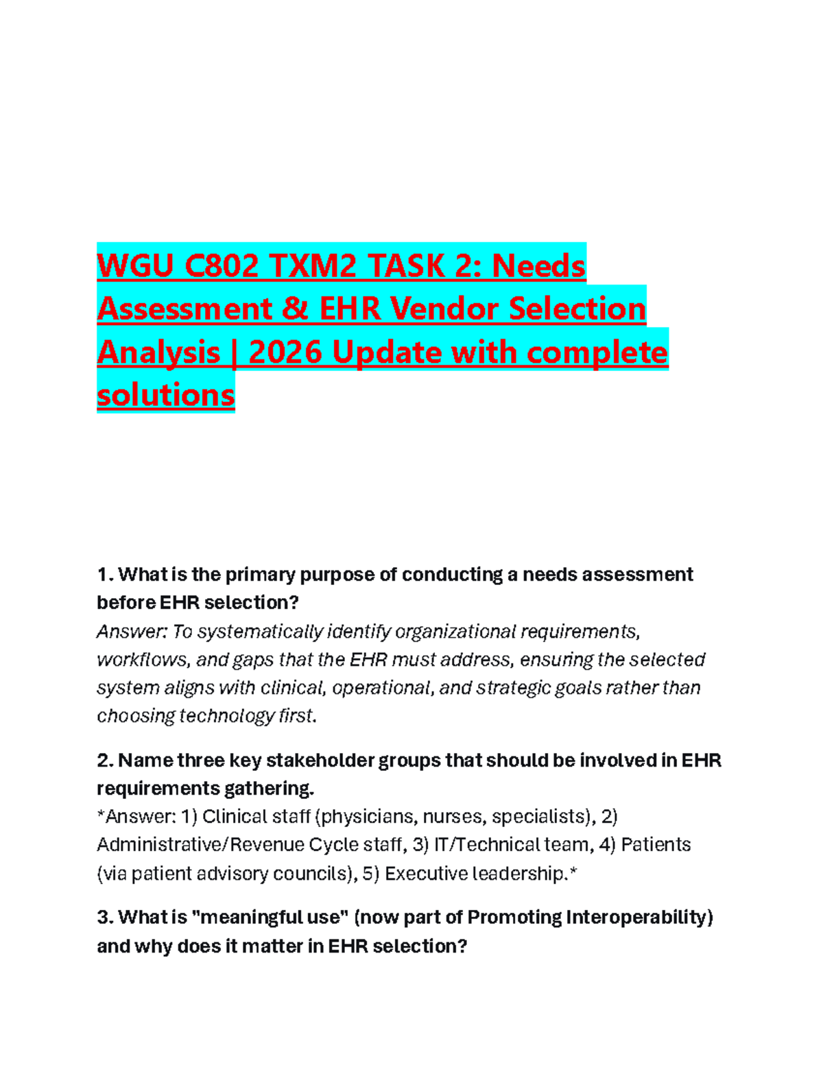 WGU C802 TXM2 TASK 2: Comprehensive EHR Vendor Selection Analysis - Studocu