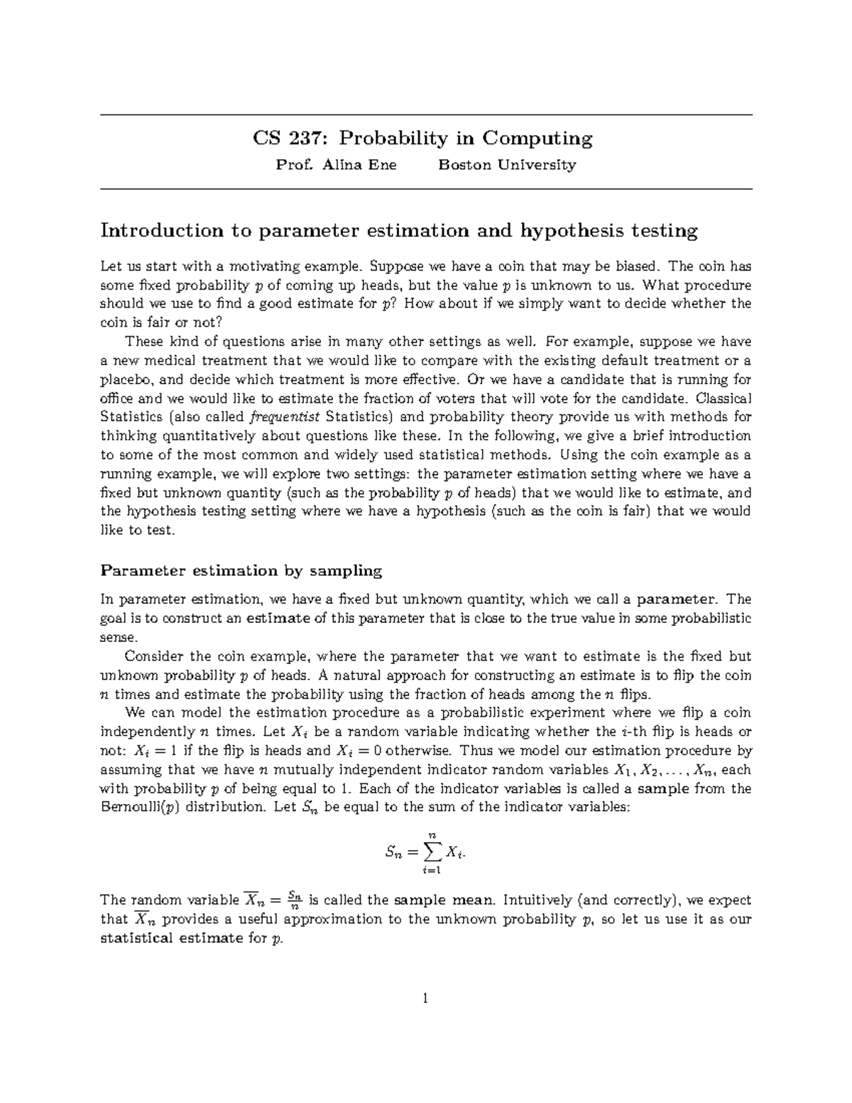 CS 237: Intro to Parameter Estimation & Hypothesis Testing - Studocu