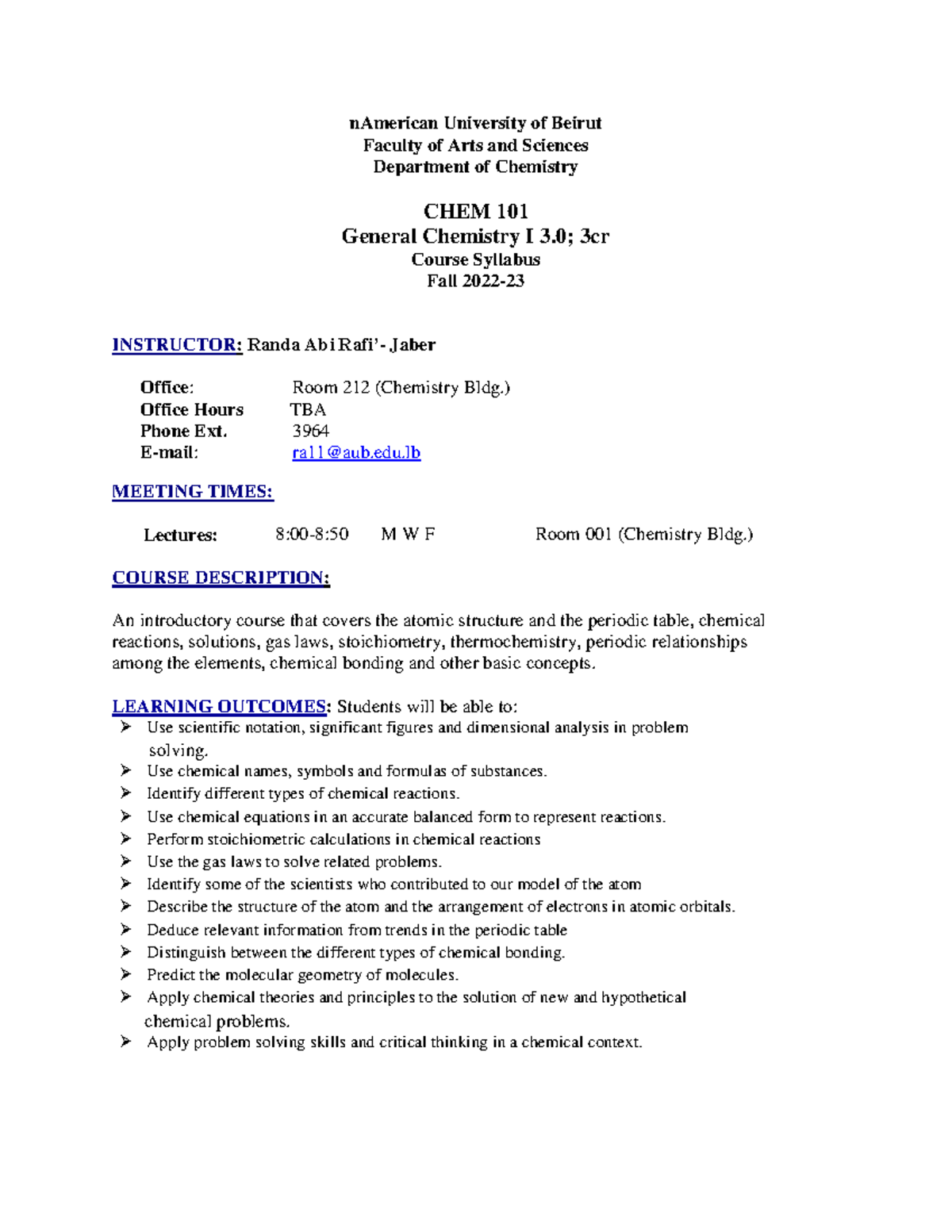 CHEM 101 Syllabus for General Chemistry I - Fall 2022-2023 - Studocu