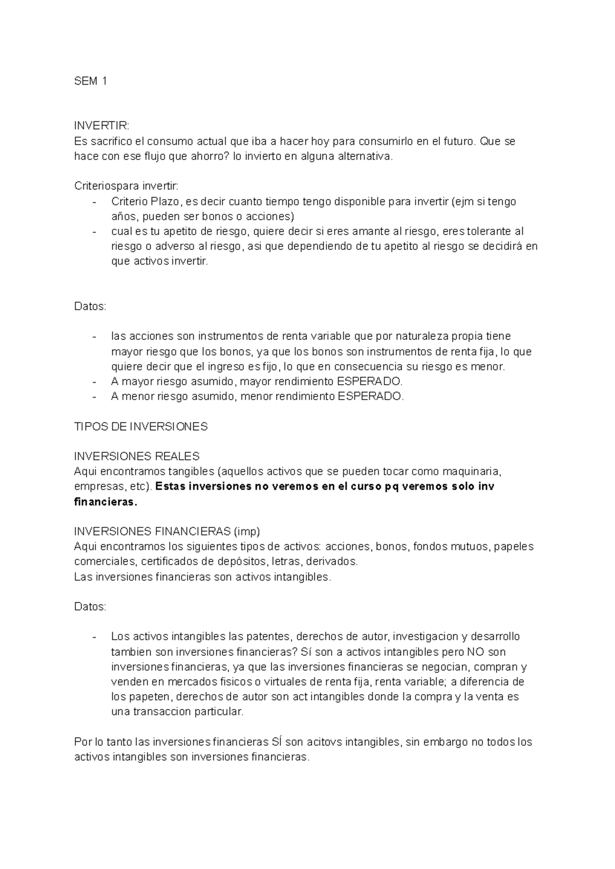 SEM 1 INVERTIR: Fundamentos y Tipos de Inversiones Financieras - Studocu