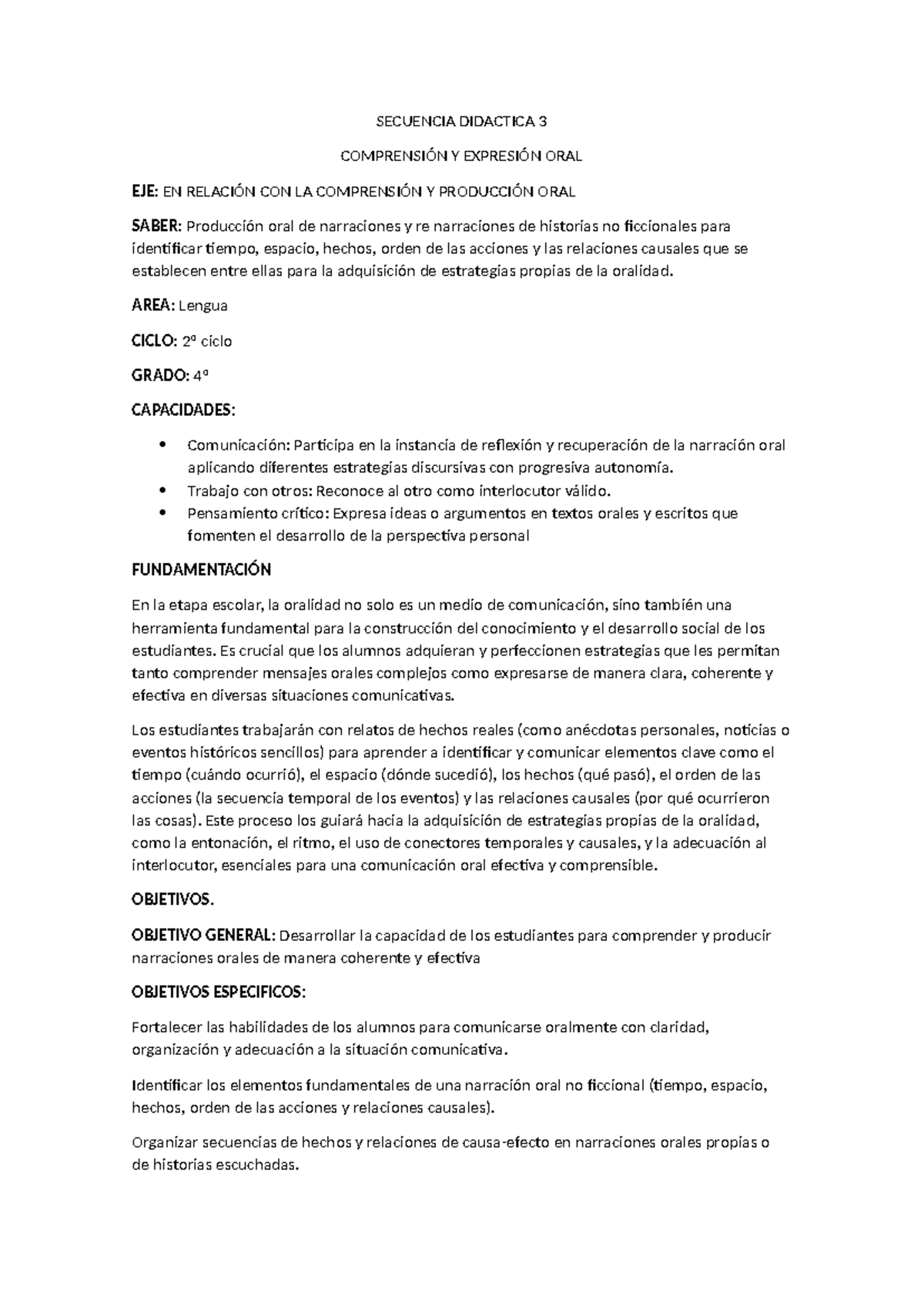 SECUENCIA DIDÁCTICA 3: COMPRENSIÓN Y PRODUCCIÓN ORAL EN 4º GRADO - Document Preview