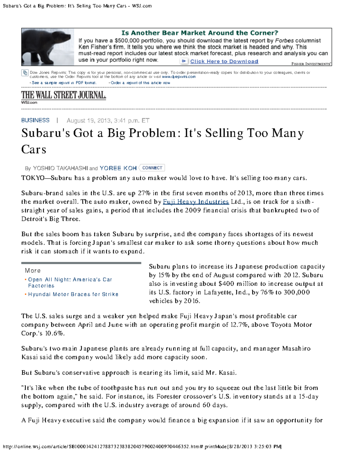 2-Subaru's Sales Surge: A Big Problem for 2013 - WSJ Analysis - Studocu