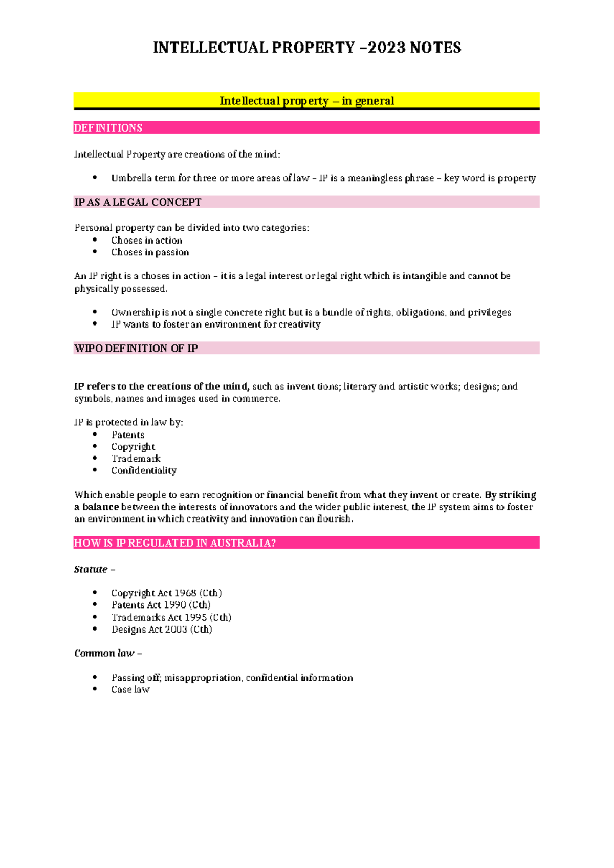 Intellectual Property LAW Exam Notes - 2023 Overview and Concepts - Studocu
