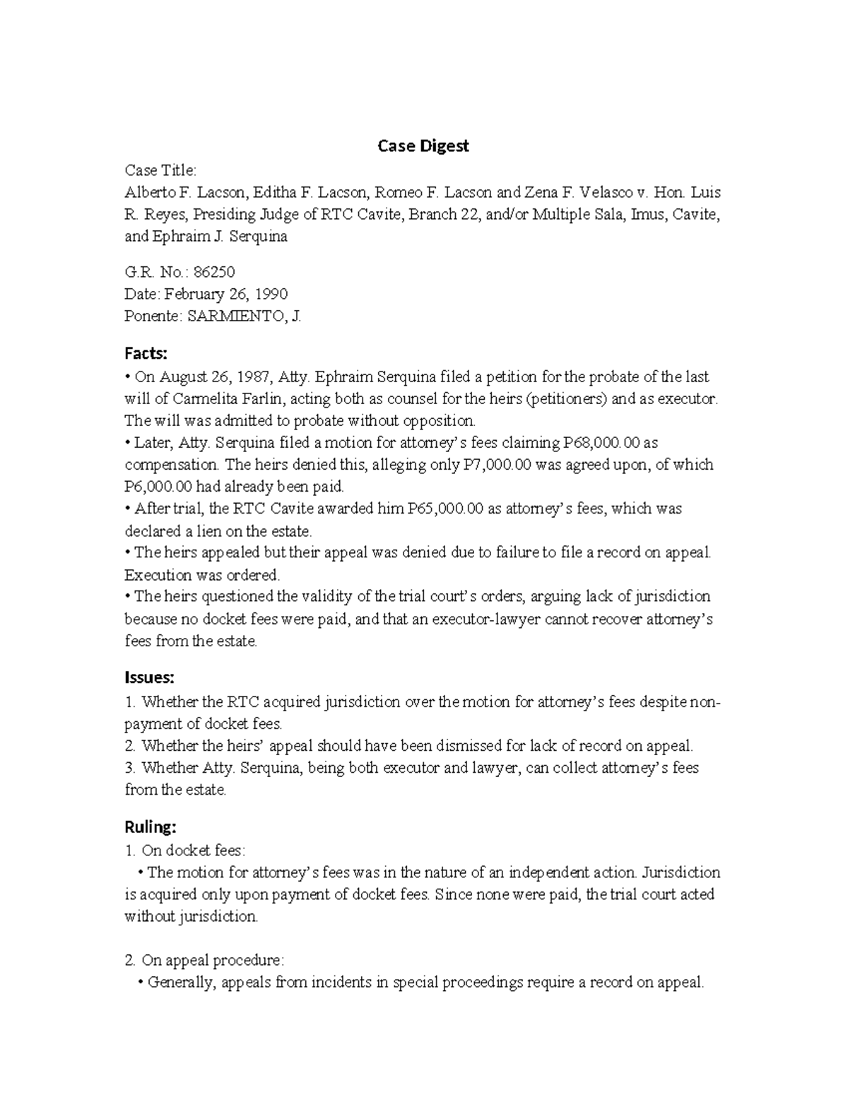 Case Digest: Lacson v. Reyes (G.R. No. 86250) - Jurisdiction & Fees ...