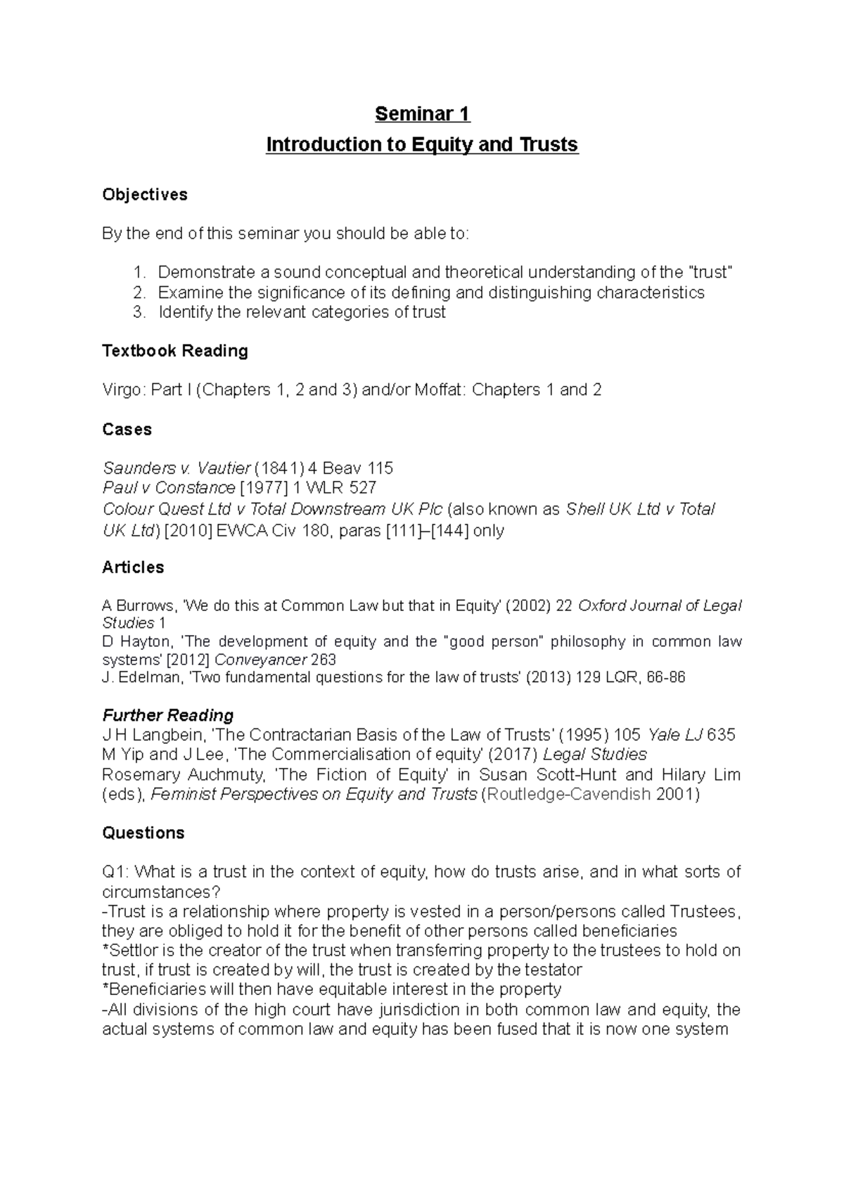 Equity and Trusts Seminar 1: Key Concepts and Case Studies Insights ...