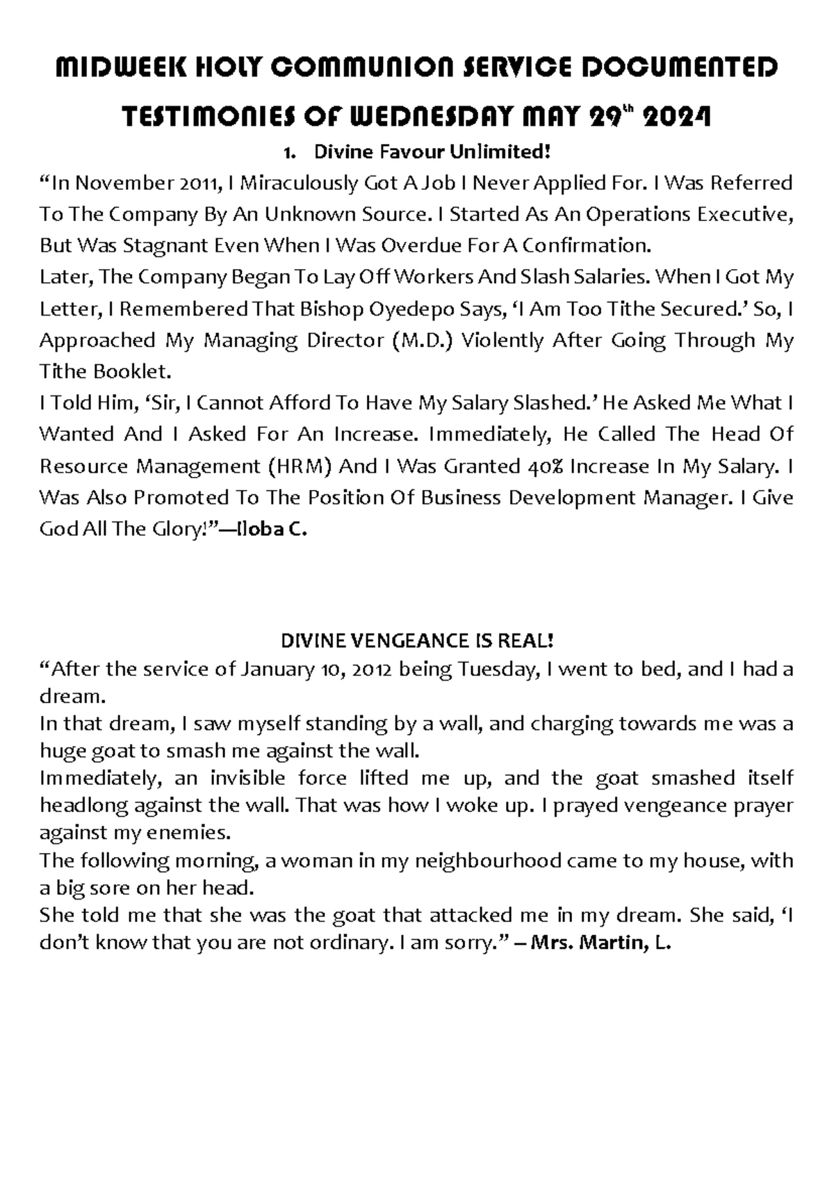 Midweek HOLY Communion Service Documented Testimonies OF Wednesday ...