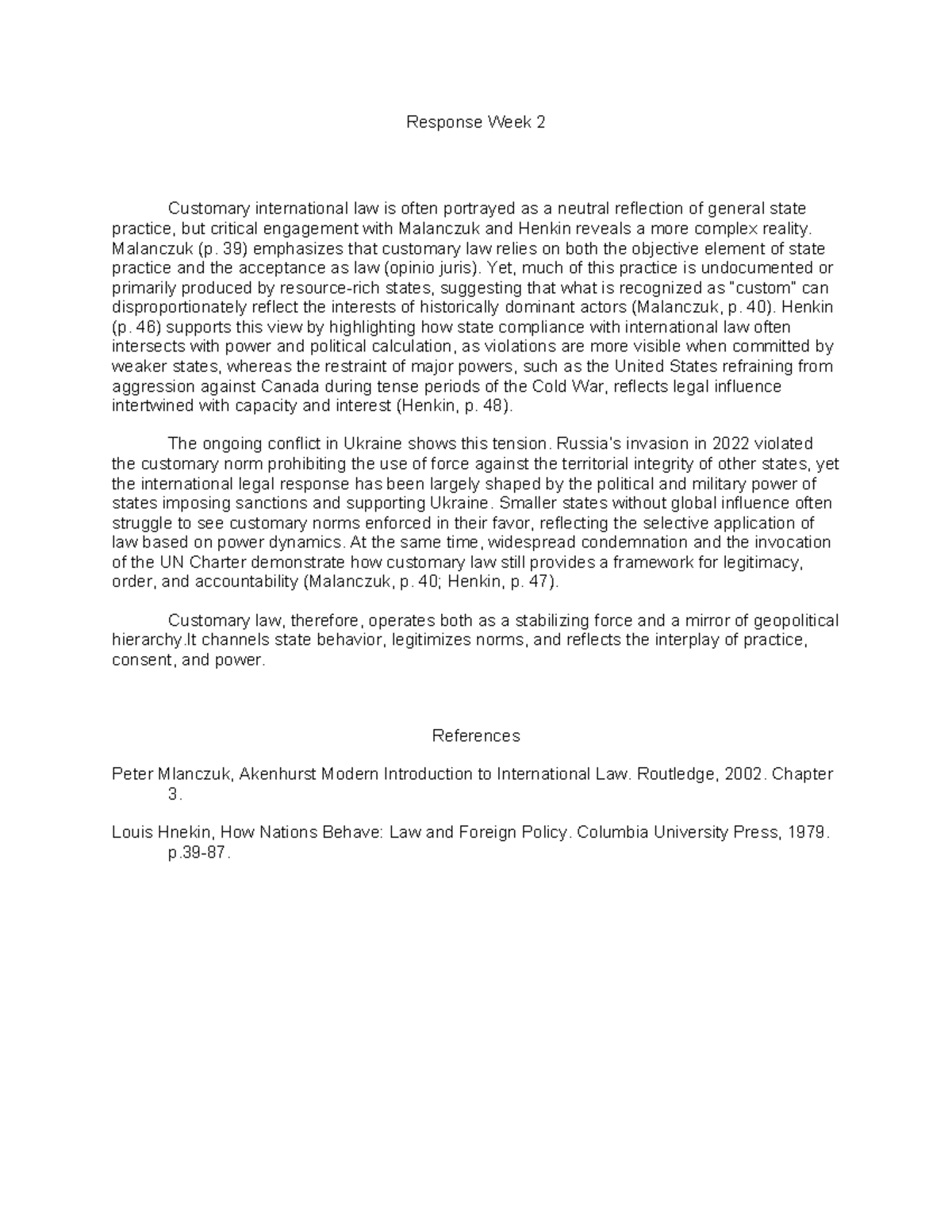 3201 Week 2 - Analyzing Customary International Law Dynamics - Studocu