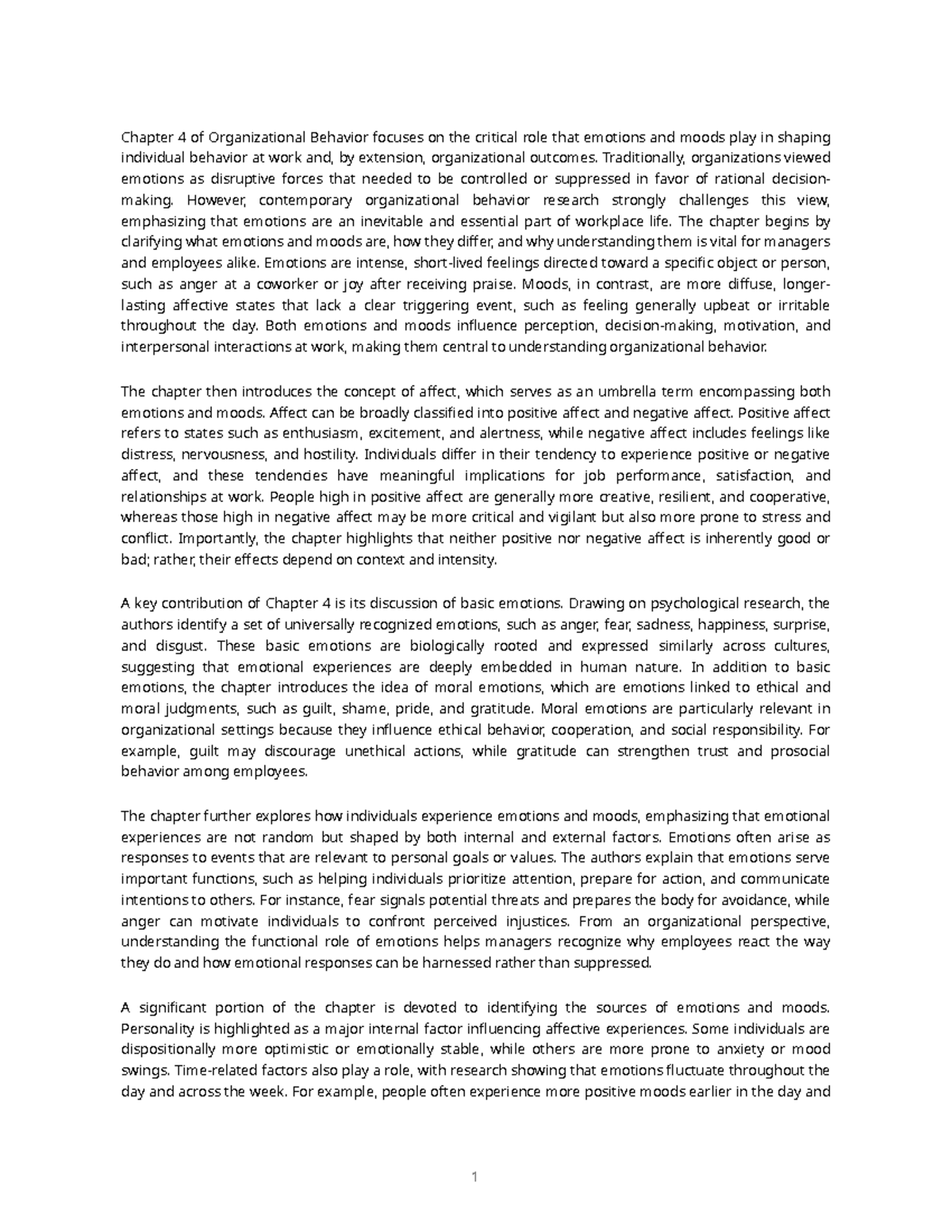 Chapter 4 Summary: Emotions and Moods in Organizational Behavior - Studocu
