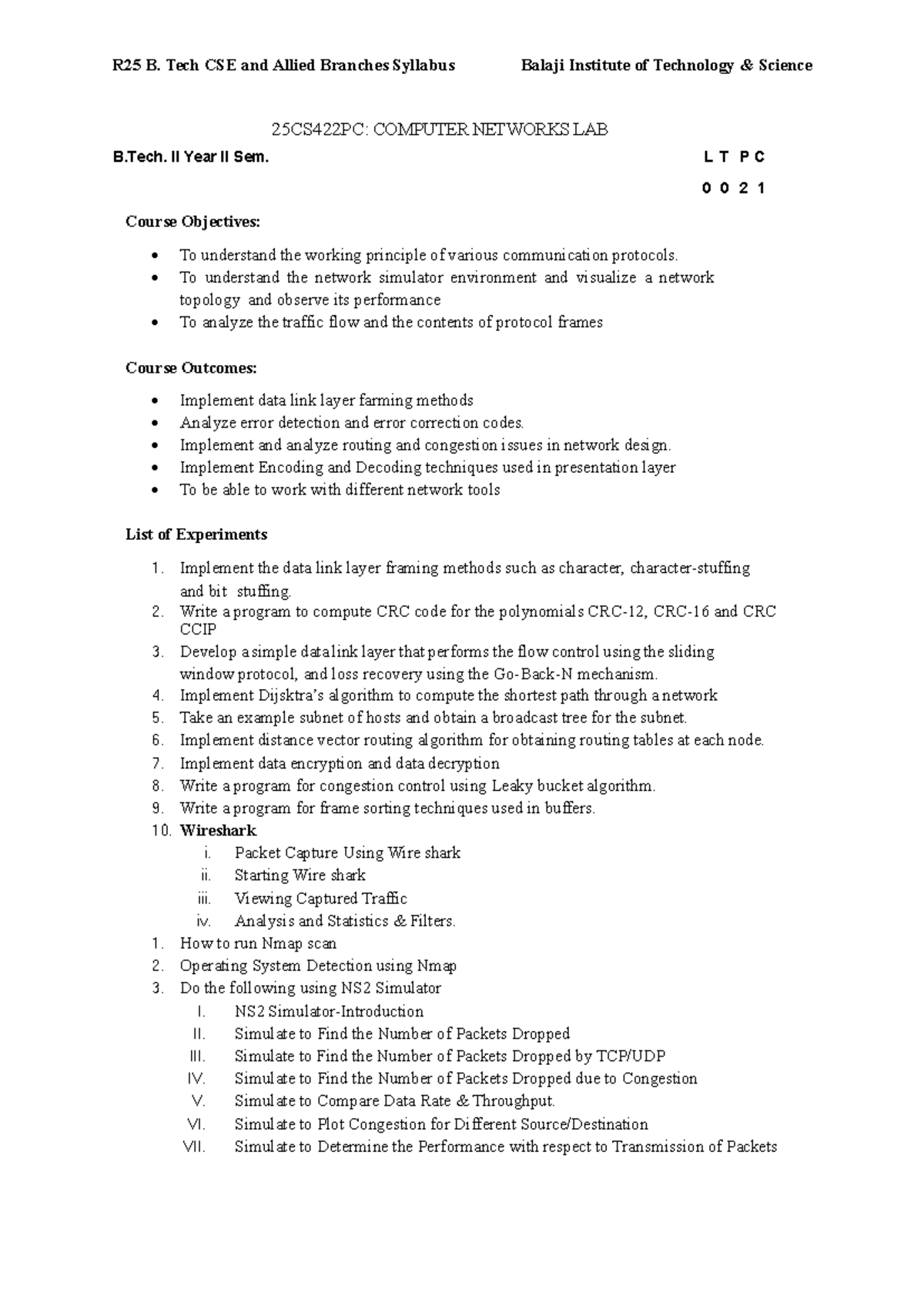 25CS422PC: Computer Networks Lab Syllabus and Experiments - Studocu