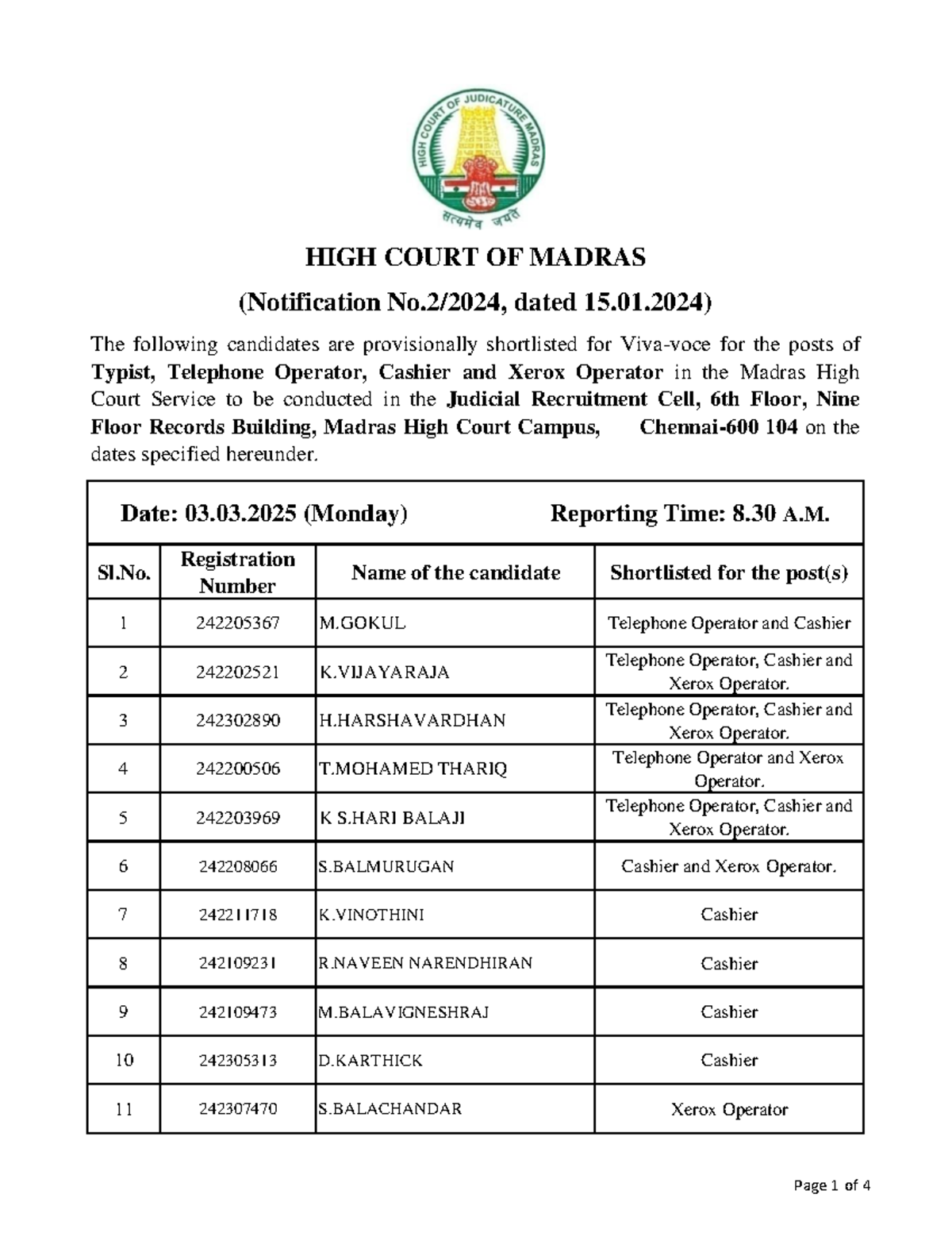 Shortlisted for the posts of Typist, Tele.Optr, Cashier, XO - Sl ...