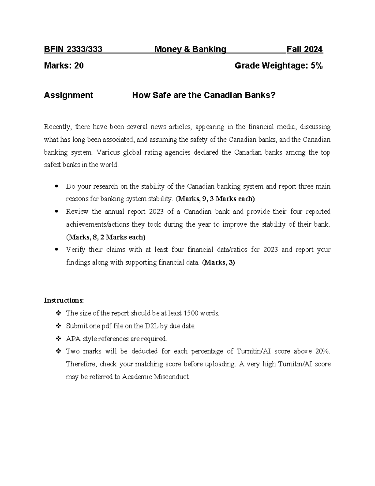 Assignment 2 Bank Safety F24 - BFIN 2333/333 Money & Banking Fall 2024 ...