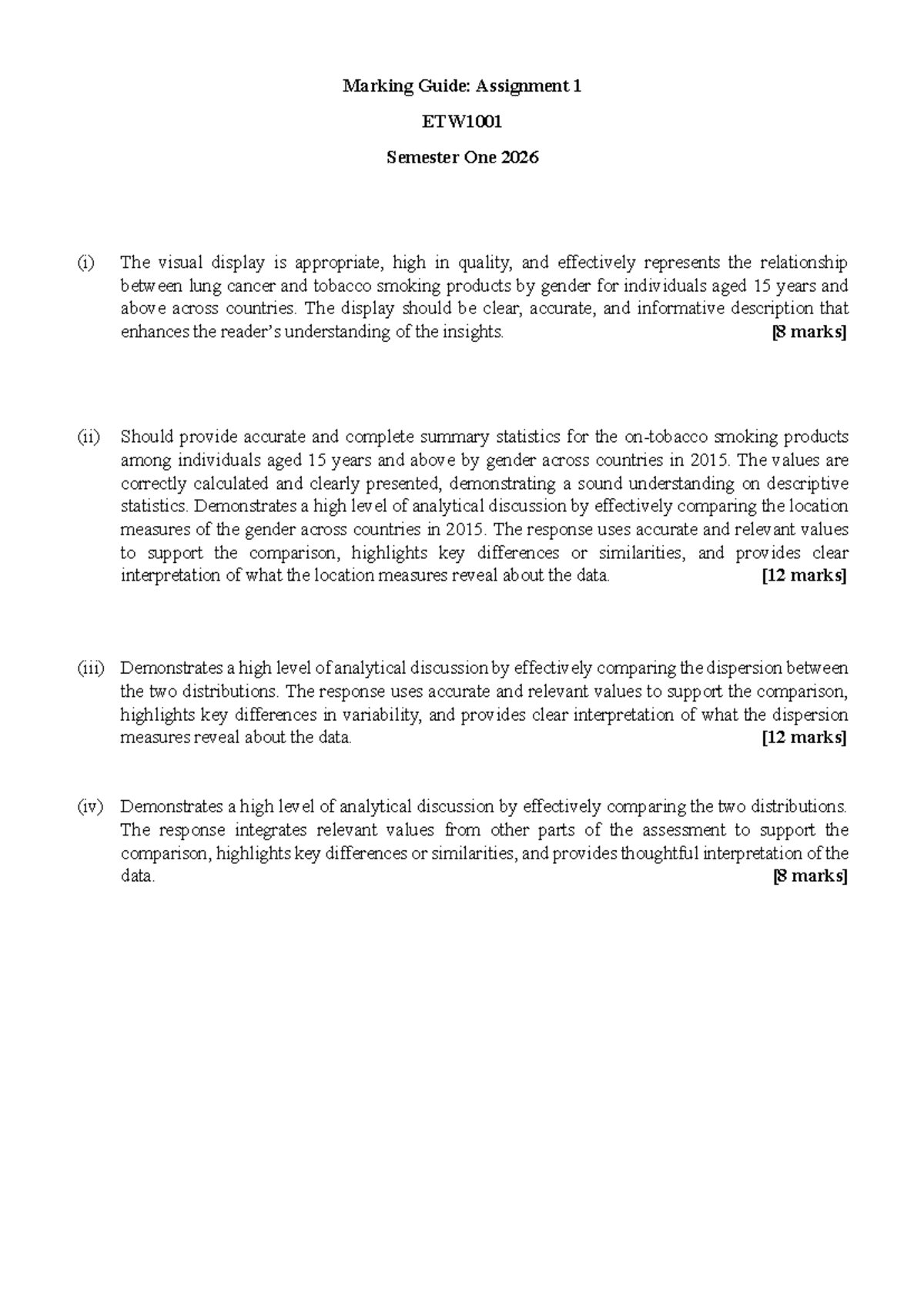 Marking Guide: Assignment 1 ETW1001 S1 2026 Analysis & Insights - Studocu